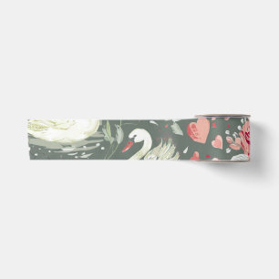 Ruban En Satin Motif Éléments de Cygnes & Cœurs Élégants Rustique