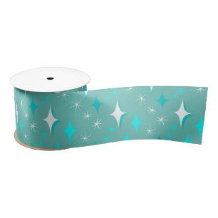 Ruban En Satin Motif étoile rétro sarcelle et blanc du milieu du
