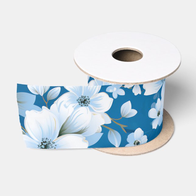 Ruban En Satin motif, fleurs blanches, arrière - plan bleu, (Bobine)