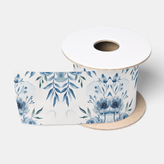 Ruban En Satin Motif floral à l'aquarelle bleu élégant