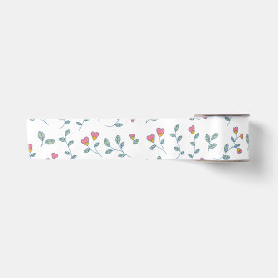 Ruban En Satin Motif floral à petits cœurs roses sur fond blanc