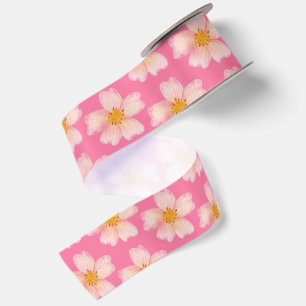 Ruban En Satin Motif floral aquarelle rose