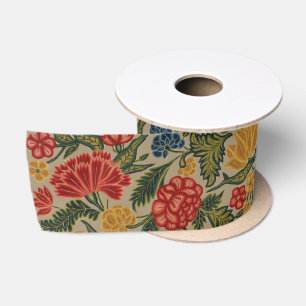 Ruban En Satin Motif floral au point de crewel rouge et or vintag