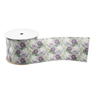 Ruban En Satin motif floral blanc pourpre vintage