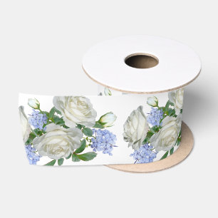 Ruban En Satin Motif floral bleu et blanc élégant