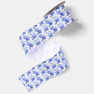 Ruban En Satin Motif floral bleu et blanc vintage