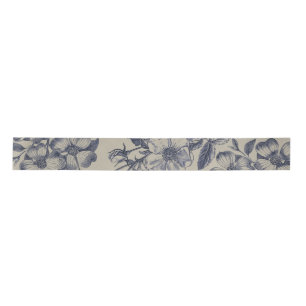 Ruban En Satin Motif Floral Botanique Toile Bleue Vintage Antique