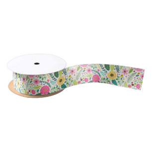 Ruban En Satin Motif floral coloré avec rose, jaune