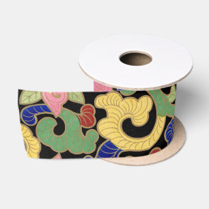 Ruban En Satin Motif floral de chinoiserie coloré sur fond noir