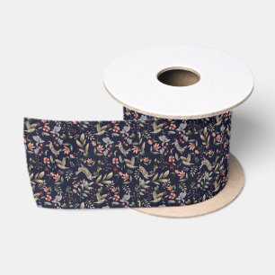 Ruban En Satin Motif floral de feuilles d'animaux de la forêt ble