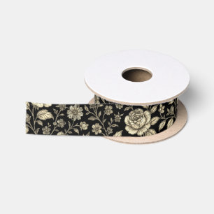 Ruban En Satin Motif floral de rose dorée vintage sur fond noir