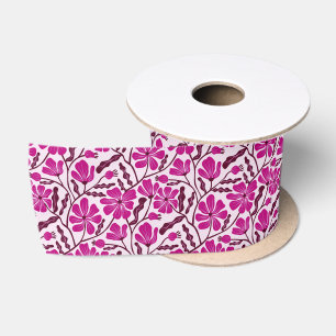 Ruban En Satin Motif floral dessiné à la main rétro magenta