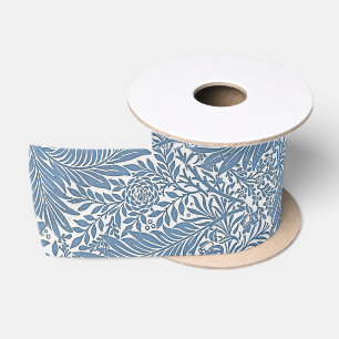 Ruban En Satin Motif Floral du 19e Siècle Bleu sur Fond Blanc