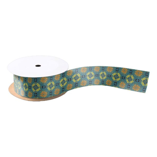 Ruban En Satin Motif floral et géométrique complexe avec orange (Bobine)