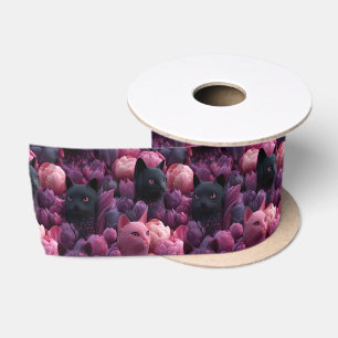 Ruban En Satin Motif floral surréaliste de chat noir et de pivoin