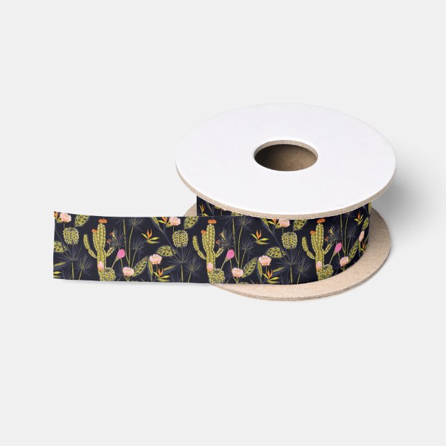 Ruban En Satin Motif foncé de cactus de nuit d'été (Bobine)