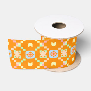 Ruban En Satin Motif géométrique pixel en pastel sur orange vibra