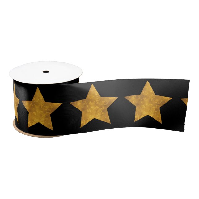 Ruban En Satin Motif Gold Star Noir (Bobine)