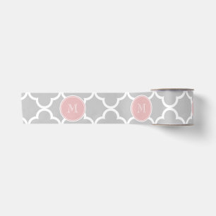 Ruban En Satin Motif gris de Quatrefoil, monogramme rose