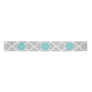 Ruban En Satin Motif gris de Quatrefoil, monogramme turquoise