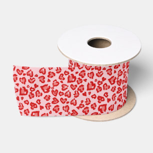Ruban En Satin Motif Léopard Cœurs en Rouge sur Fond Rose