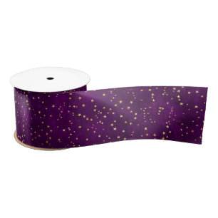 Ruban En Satin Motif nuit étoilée violet et jaune céleste