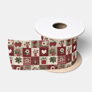 Ruban En Satin Motif Patchwork de Fraises de Campagne Vintage