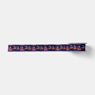 Ruban En Satin Motif Père Noël Reindeer confit Marine Bleu Noël