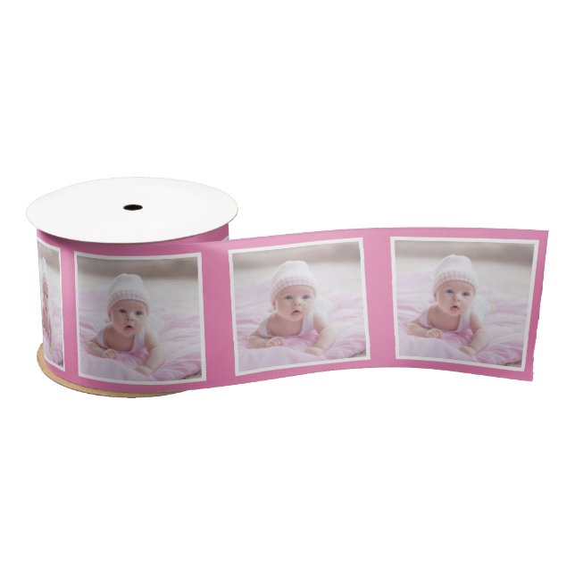 Ruban En Satin Motif photo personnalisé Ruban blanc bébé rose (Bobine)
