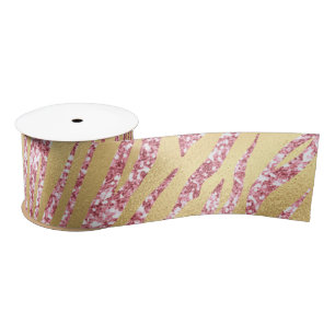 Ruban En Satin Motif Rayures de Tigre Pailleté Rose et Or Luxueux