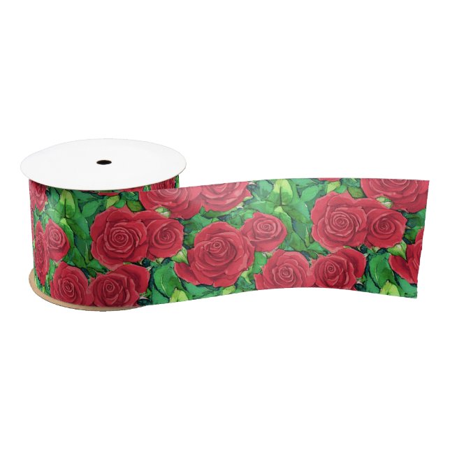Ruban En Satin Motif Rose couleur rouge/Crimson (Bobine)
