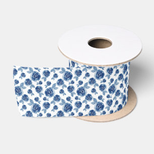 Ruban En Satin Motif Rose Indigo Watercolor