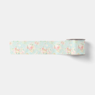 Ruban En Satin Motif Rose Pastel Doux sur Fond Aqua