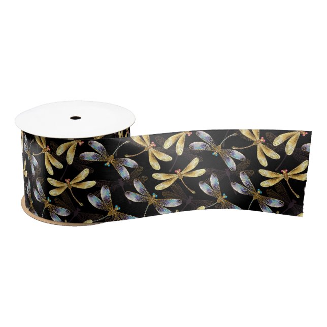 Ruban En Satin Motif sans couture avec libellules d'or (Bobine)