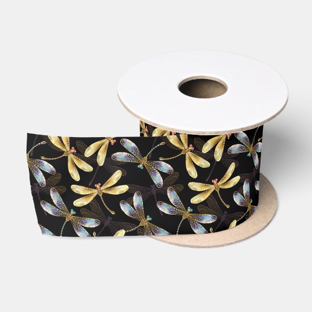 Ruban En Satin Motif sans couture avec libellules d'or (Bobine)