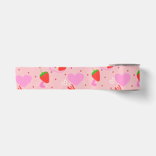 Ruban En Satin Motif sans couture de fraises et de cœurs mignons
