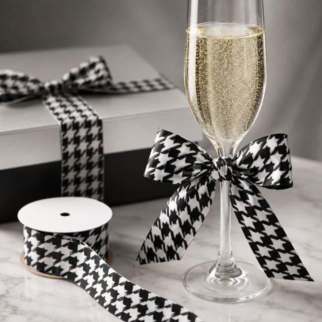 Ruban En Satin motif stylé géométrique noir et blanc à carreaux (stylish geometric black white houndstooth pattern satin ribbon)