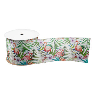 Ruban En Satin Motif tropical de jardin de nature de Flamant rose