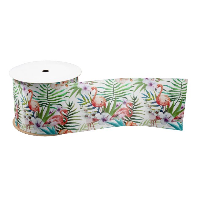 Ruban En Satin Motif tropical de jardin de nature de Flamant rose (Bobine)
