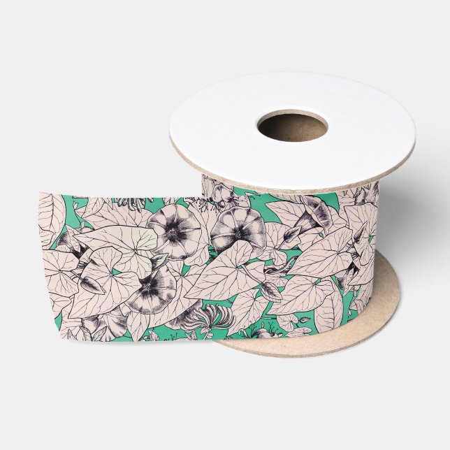 Ruban En Satin Motif vert Turquoise blanc de fleurs graphiques (Bobine)