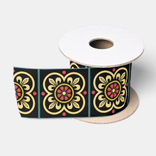 Ruban En Satin Motif Vintage Fleurs Jaunes et Rouges de Lys Médié