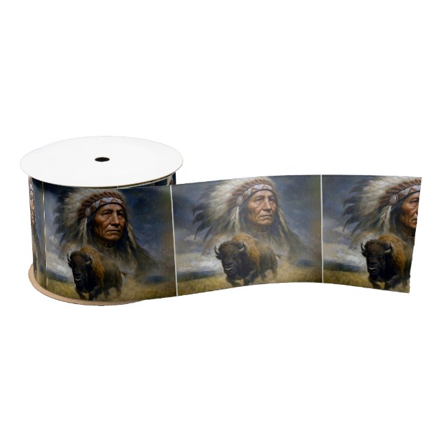 Ruban En Satin Native American Chief with Charging Buffalo (Bobine)