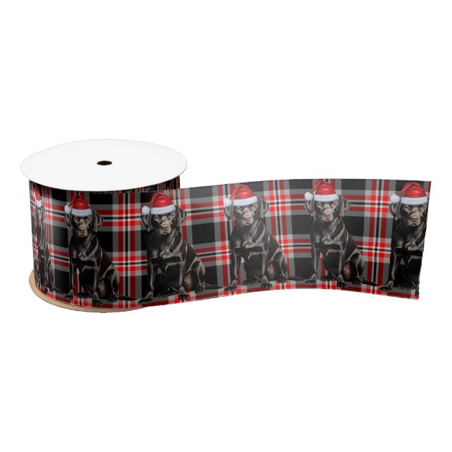 Ruban En Satin Noël Black Labrador chien Red Plaid (Bobine)