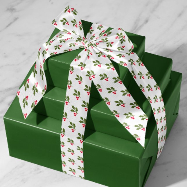 Ruban En Satin Noël blanc Holly Sprigs (white holiday gift ribbon with pattern of green holly leaves and red berries)