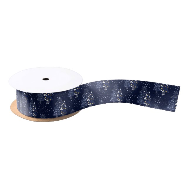 RUBAN EN SATIN NOËL BLEU FONCÉ MONOGRAMME DE LA FORÊT HIVERNALE (Bobine)