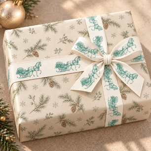 Ruban En Satin Noël Cheval Traîneau Toile Verte Vintage