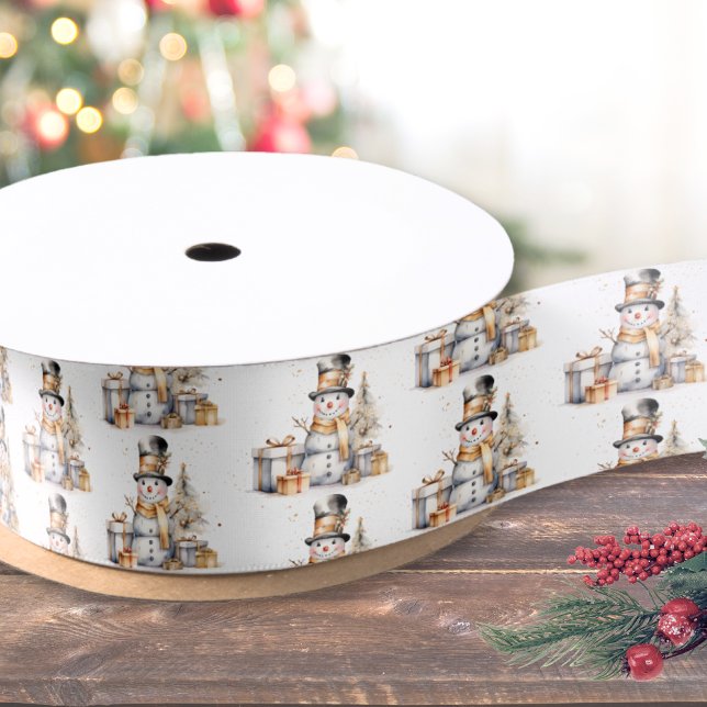 Ruban En Satin Noël Élégant (Black White Winter Snowman Christmas Satin Ribbon)