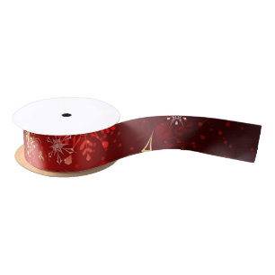 Ruban En Satin Noël Golden Snowflakes sur Arrière - plan rouge