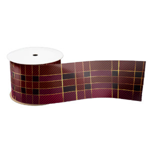 Ruban En Satin Noël Hiver Rouge & Noir Tartan & Feuille d'Or