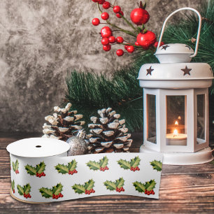 Ruban En Satin Noël Holly Feuilles & Berries